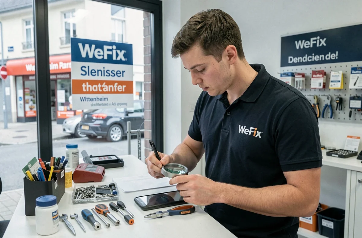 Point de service WeFix à Wittenheim avec technicien inspectant un smartphone