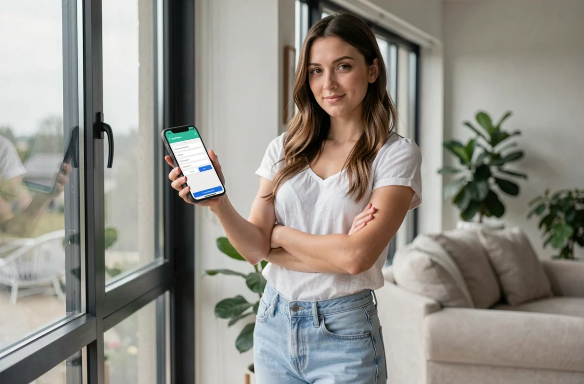 Jeune femme configurant un compte mail Wibox sur mobile dans un salon moderne